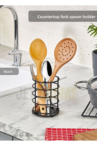 Jet's Home Round Cutlery Holder Stainless Countertop Serving Stand Organizer Steel Black