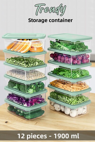 Meleni Home 1900ml Green Food Storage Container - 12 Pcs Rectangular, Microwavable Organizer