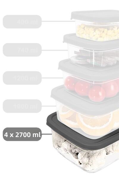 Meleni Home 4 قطع حاوية تخزين مستطيلة باللون الرمادي - منظم مناسب للميكروويف بسعة 2700 مل