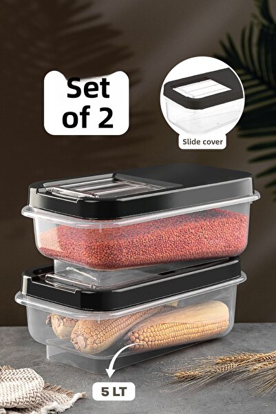 Meleni Home Set of 2 5 Lt Pulses Storage Container - Food Storage Container with Sliding Lid Flour Container Anthracite Multi Box