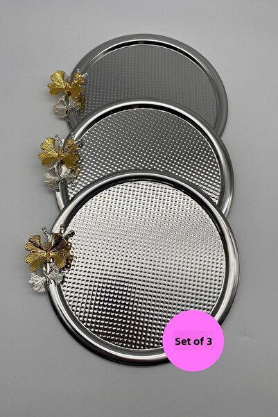 Fiyakalı Ürünler Atölyesi 3-Piece Butterfly Round Silver Tea and Coffee Prese...