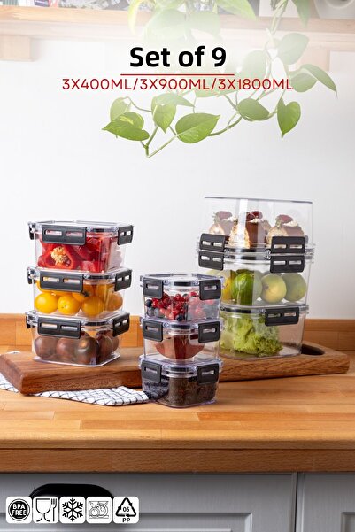 Nandy Home Set of 9 Clear Storage Container with Lock Lid - 400-900-1800ML