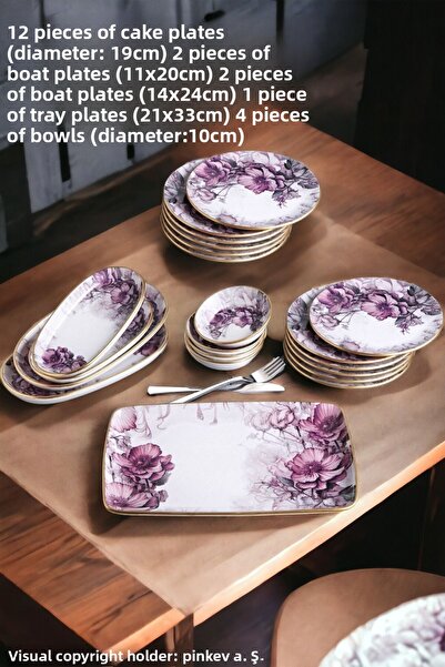 Pinkev Petunia 21 Pieces Ceramic Breakfast Cake Plate Set for 12 People - Kup124P
