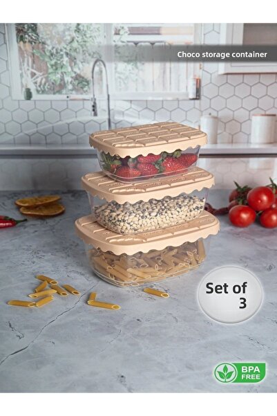 Kazanabil مجموعة حاوية تخزين بلاستيكية مكونة من 3 قطع مع غطاء بلون الشوكولاتة