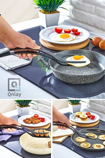 QNİAY Spatula with Tongs Meatball Chicken Fish Meat Egg Crepe Spatula Spatula with Teflon Tongs