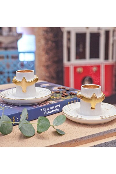 Karaca Saffet Emre Tonguç Istanbul on My Wings Set of 2 Coffee Cups with Book Gift Gold 60 ml
