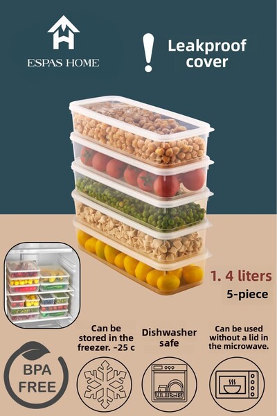 Espas Home 5-Piece Leakproof Freshbox Storage Container – Microwave and Refrigerator Compatible / 1400 ml - Transparent