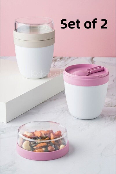 KaktüsKedi Set of 2 Portable Yogurt Container with Spoon - 700 ml Practical F...