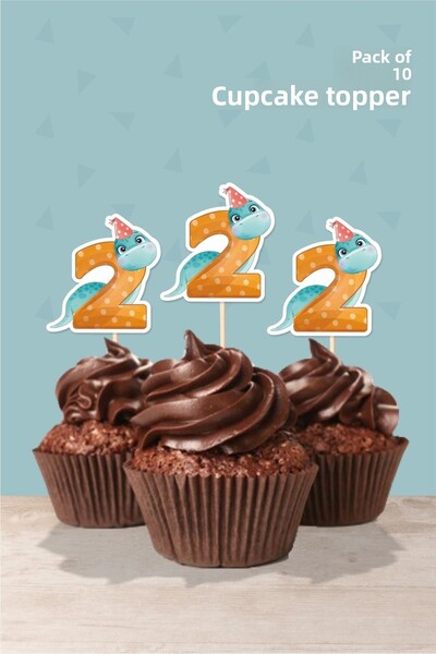 neşeli günlerim Ornament pentru cupcake cu tematică dinozaur de 2 ani - 10 buc