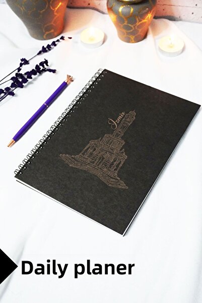 markcat دفتر ملاحظات بغطاء كرافت أسود بطابع إزمير مقاس A5 - مخطط يومي - 45 ور...