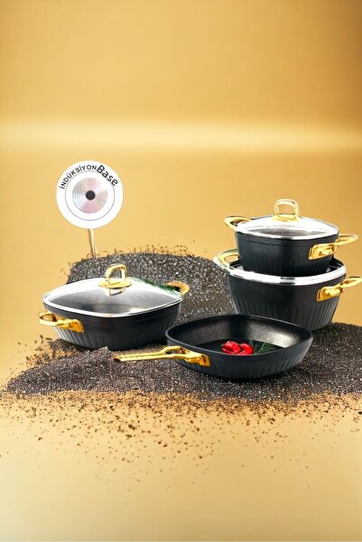 KEKİKDÜKKAN طقم أواني طهي جرانيت مربعة 7 قطع بمقبض ذهبي (ذهبي)