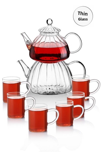 Queen’s Kitchen Borasilikat Glass Teapot and 6 Pieces Mug Set