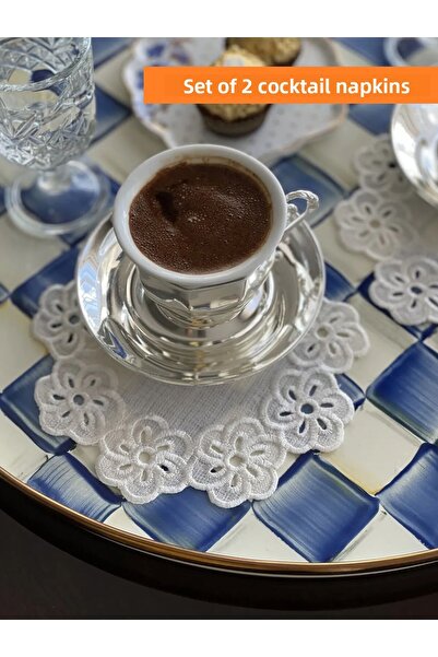 QBR Home طقم منديل كوكتيل مكون من قطعتين مطرز بالزهور