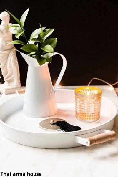 Lavin صينية معدنية دائرية بمقبض خشبي