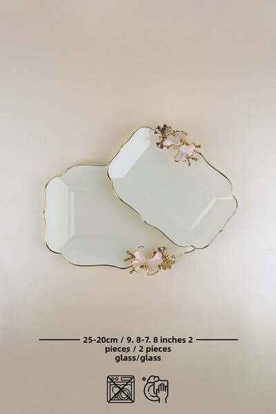 Glore Dolmabahce Lotus Cream 2-Piece Glass Boat Plate Set