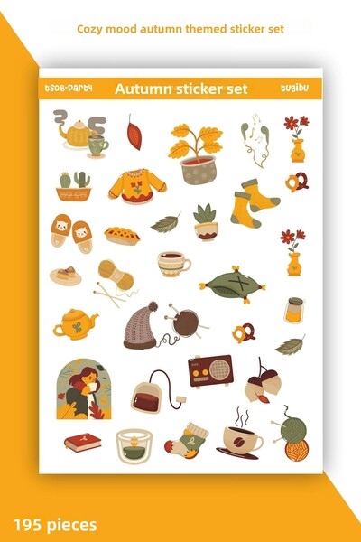 TUGİBU Cozy Mode Autumn Hygge Sticker Set 195 Pieces Decal Label for Agenda, Notebook, Planner