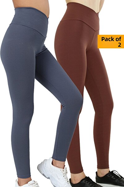 VOSSAX 2-Piece Leggings Ribbed High Waist Recovery Sports Leggings Cross Waist Detailed Indigo + Brown