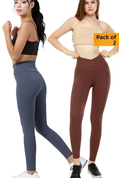 VOSSAX 2-Piece Leggings Ribbed High Waist Recovery Sports Leggings Cross Waist Detailed Indigo + Brown
