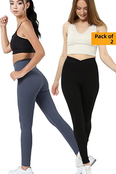 VOSSAX 2-Piece Leggings Ribbed High Waist Recovery Sports Leggings Cross Waist Detailed Indigo Black