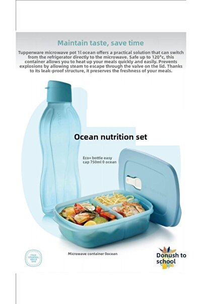 Tupperware Ocean Nutrition Set - 2-Piece Micro Compartment, 1 Liter and 750 ml Blue Eco Bottle Water Bottle