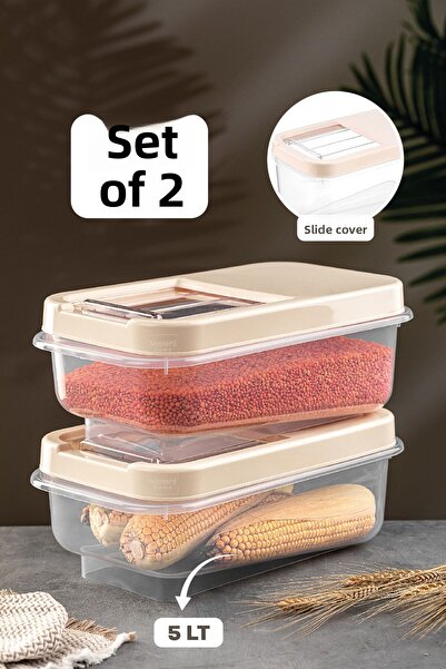 Meleni Home 2-Piece Multibox 5 Lt Pulses Storage Container - Food Storage Container with Sliding Lid Flour Container Cream