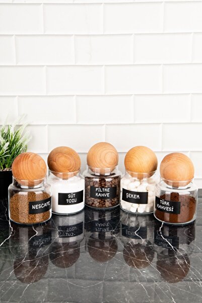 DNS HOME 5-Piece Coffee Corner Set Glass Jar Set with Wooden Ball Lid and Label Storage Container 500 ml