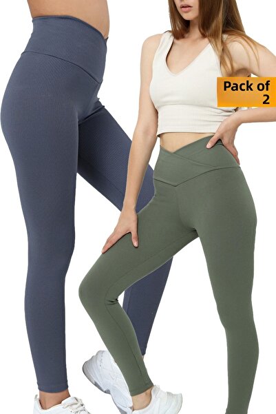 VOSSAX 2-Piece Leggings Ribbed High Waist Recovery Sports Leggings Cross Waist Detailed Indigo + Khaki