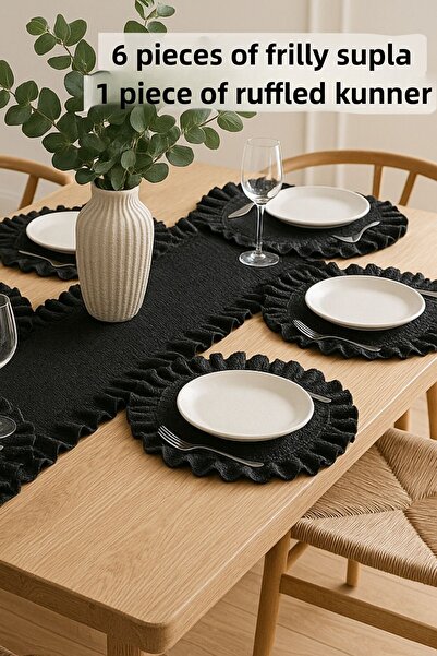KAMİZ Black Ruffled Linen Runner & 6-Piece Ruffled Supla Set - 7 Piece Dowry Set