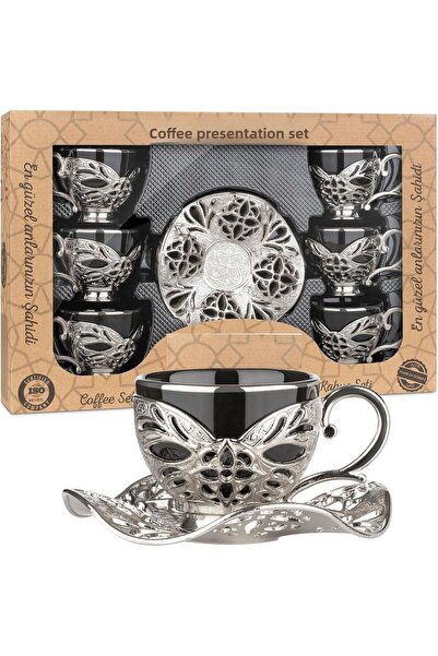 KT HOME Turkish Coffee Presentation Set of 6 - Metal and Porcelain Cup, Silve...
