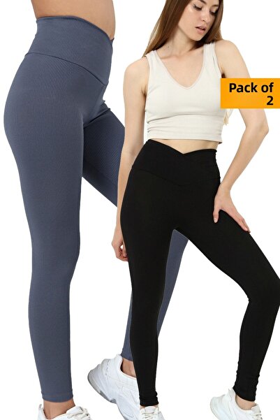 VOSSAX 2-Piece Leggings Ribbed High Waist Recovery Sports Leggings Cross Waist Detailed Indigo Black