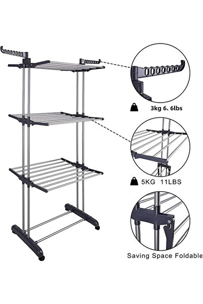 Taimi Foldable 3 Tier Clothes Drying Rack for Laundry Rolling white/black