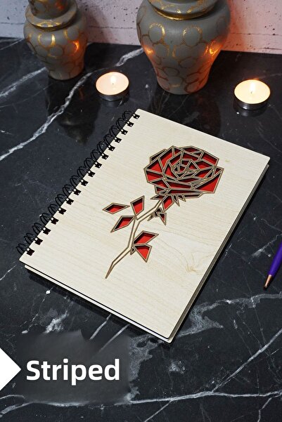 markcat Rose Themed Lined Notebook with Wooden Cover - Agenda and School Notebook (A5 - 120 Pages)