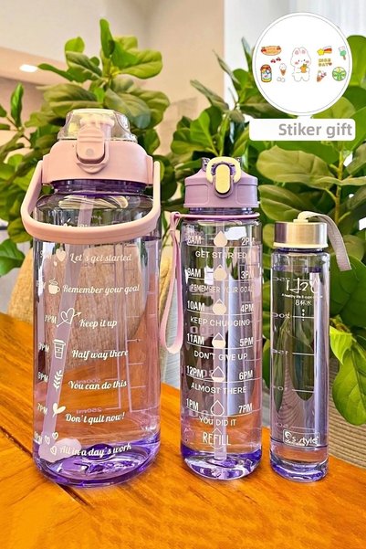 Rosemor New 3-Piece Transparent Motivational Set with Odorless Stickers, Portable Sports Water Bottle and Flask Straw