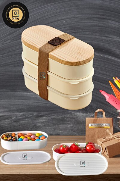 QNİAY 3 Pieces Wooden Lid 500ml Storage Paper 3-Piece Ecru Plastic