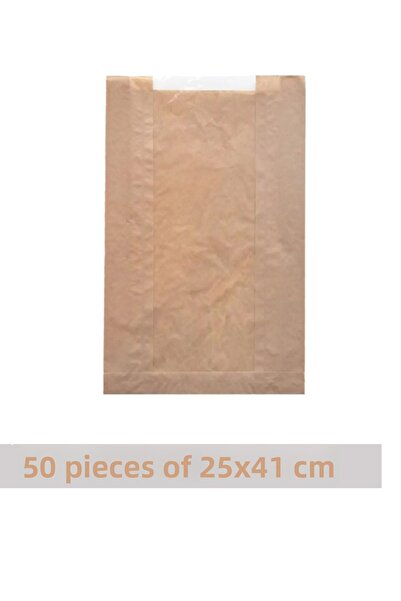 OLİ Art 25x41cm Kraft Paper Bag with Window - 50 Pieces, Side Gusset Packaging, Gift Package