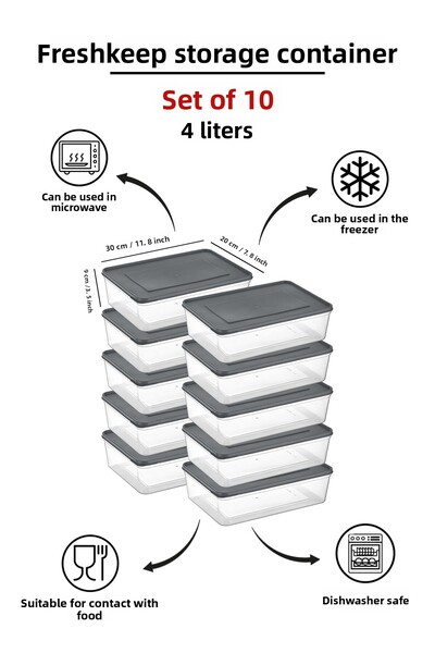 bizimevde 10-Piece Storage Container 4 Liter Deep Freezer Microwave Compatible