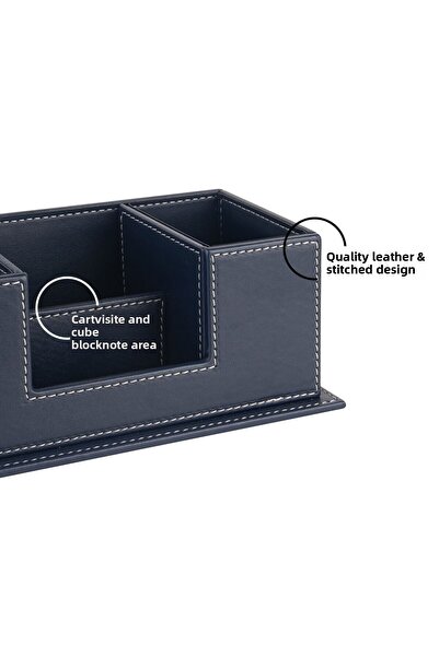 2K Desktop Leather Organizer Pen Holder 4 Compartments Desktop Organizer Rainbow Vegan 10X12X25 Cm. Navy Blue