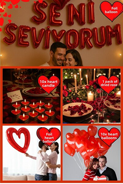 Baloncu Dede Red Heart Balloon Romantic Set Anniversary Valentine's Day Marriage Proposal Supplies and Ornaments