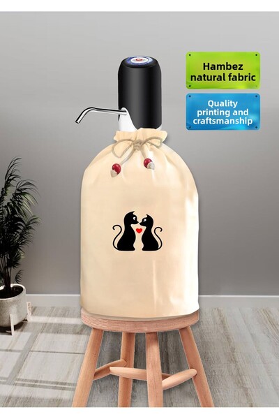 enmalife Two Cats Heart Printed Bottle Sheath - Natural Hambez Drawstring, Drawstring Washable