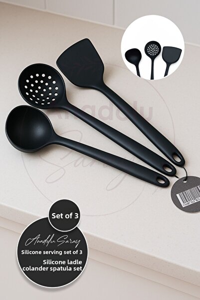 Anadolu Saray 3-Piece Silicone Kitchenware Set - Ladle Spatula Colander Heat Resistant Spoon and Serving Set