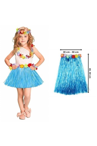 ForWhat تنورة هاواي واحدة بطول 40 سم باللون الأزرق مع شرابة لفعاليات المكتب والمنزل والأطفال زي هاواي