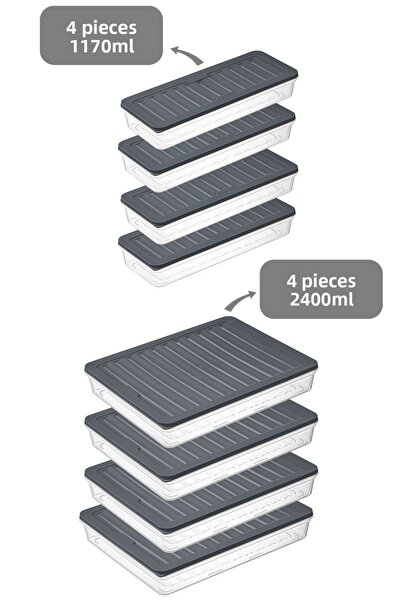 Meleni Home 8-Piece Anthracite Food Storage Container - Microwave Compatible, 4x2400ml-4x1170ml