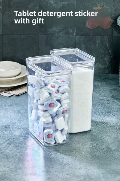 Milenay Tablet Detergent Crystal Storage Container, 3000ml Volume, Airtight Vacuum Lid, Sticker Gift