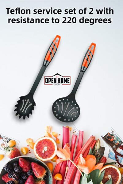 Open Home Concept Red Teflon Serving Set of 2 - 220° Durable Colander and Pasta Spoon