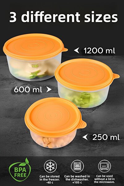 Meleni Home Orange Food Storage Set of 14 - Round Food Container 8X250 4X600 2X1200Ml Organizer Organizer