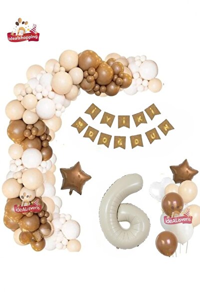 Bkmc Set de aniversare Concept alb maro cu banner Kraft crem de 6 ani