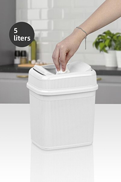 Okyanus Home سلة المهملات البيضاء المضلعة سعة 5 لتر