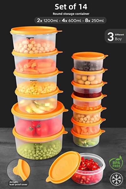 Meleni Home Orange Food Storage Set of 14 - Round Food Container 8X250 4X600 2X1200Ml Organizer Organizer