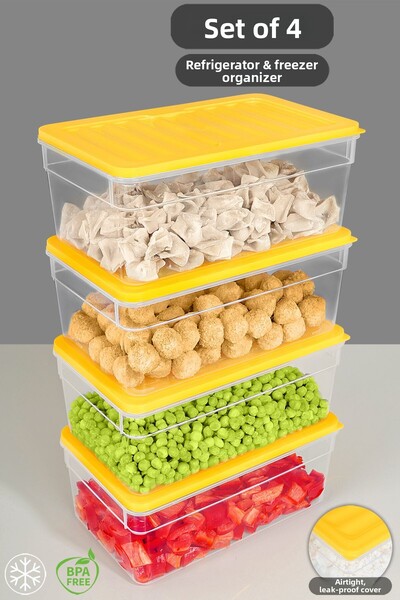Meleni Home Set de 4 recipiente pentru congelator pentru microunde - Set organizator pentru frigider adânc, 2500 ml galben