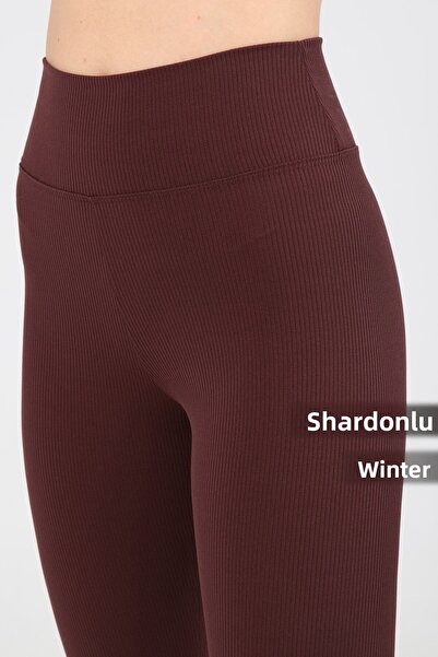 VOSSAX Women's Ribbed High Waist Recovery Brown Tights with Fleece Inside